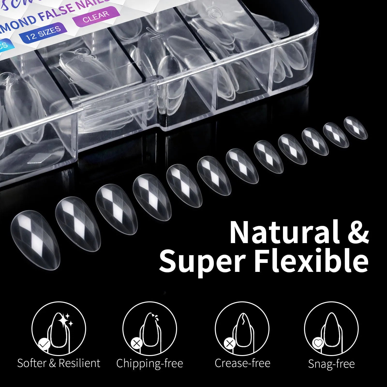 Box of 3D diamond-shaped long false nail tips in a chosen colour from the Diamond Nail range.