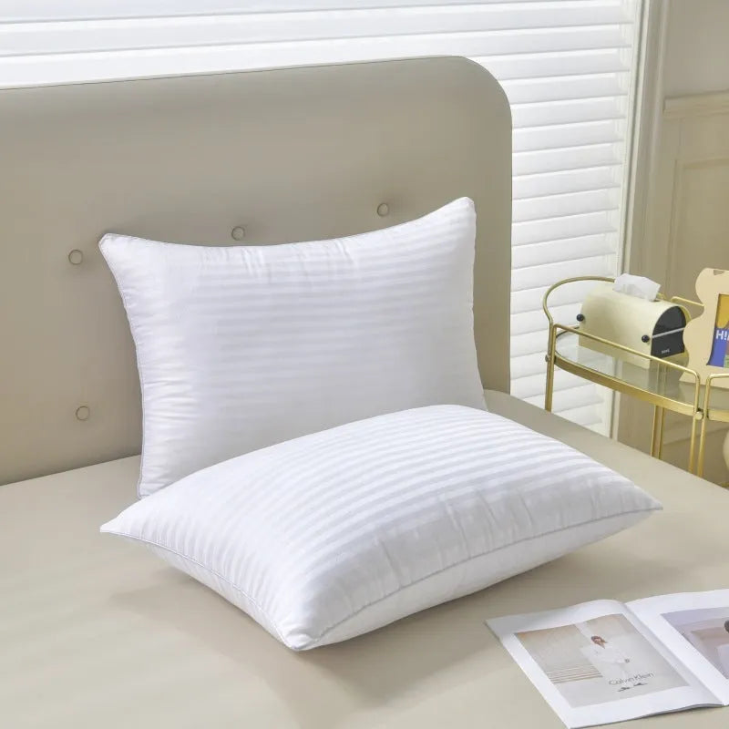 White cotton satin stripe pillow with feather-cotton filler in 900g, 1000g, or 1100g weights and 45x65cm, 48x74cm, 50x80cm sizes