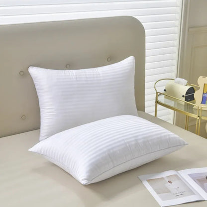 White cotton satin stripe pillow with feather-cotton filler in 900g, 1000g, or 1100g weights and 45x65cm, 48x74cm, 50x80cm sizes