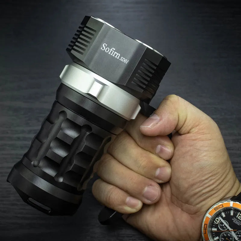 Aluminium alloy diving torch showing 18cm length with 350+ lumen output and waterproof construction