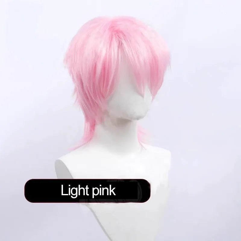 Short black anime-style cosplay wig for men with a lengthened hair tail, made from synthetic fibre.