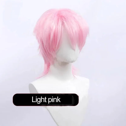 Short black anime-style cosplay wig for men with a lengthened hair tail, made from synthetic fibre.