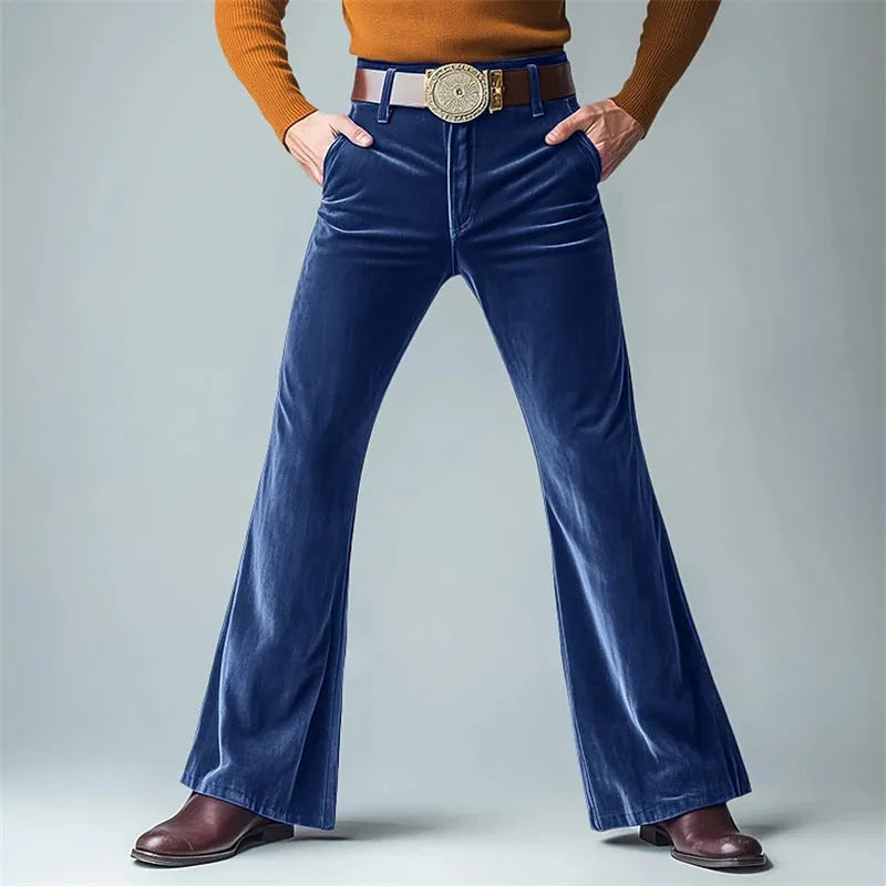 Men's velvet slim flared suit trousers in seven colours including black, dark red, green, blue, khaki, brown and yellow