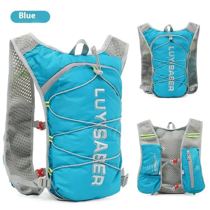 Nylon running backpack with reflective strips shown in multiple colour options.