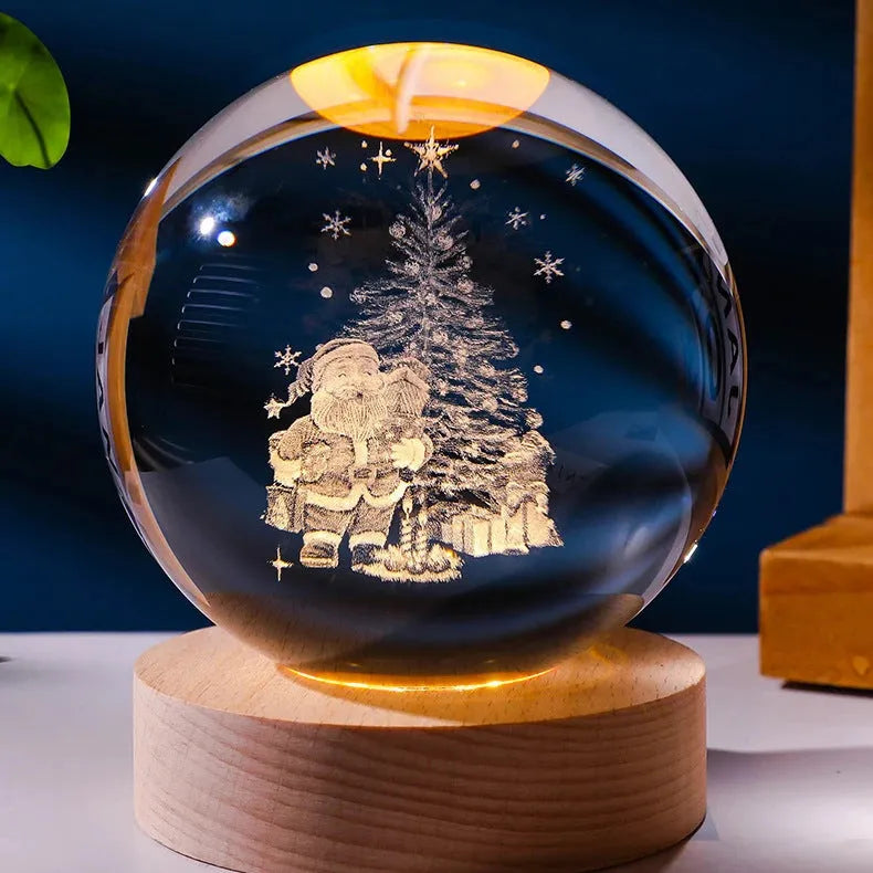 Crystal ball night light projecting 3D starry sky and planets with solid wood base