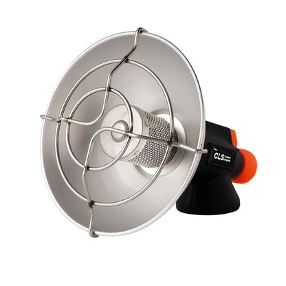 Black and orange portable outdoor heating stove with automatic press ignition for camping, weighing 215g