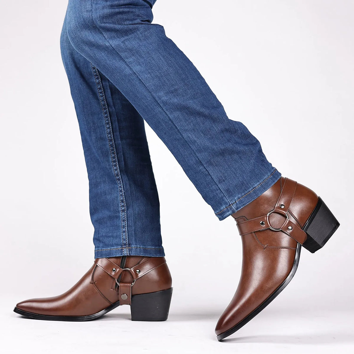 Men's and women's chain detail boots with square toe and side zipper in frosted finish