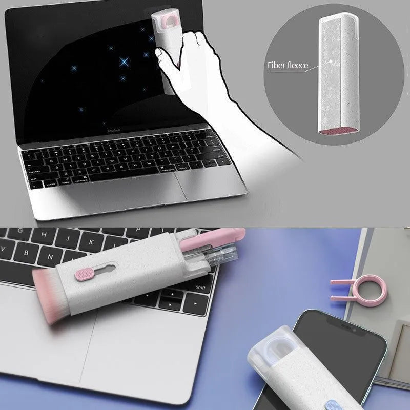 Multifunctional white cleaning pen kit open to show silicone tip, brush, keycap puller, and spray bottle for electronics.