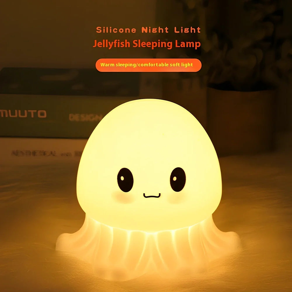 White jellyfish-shaped night light with octopus tentacle details and rechargeable lighting modes