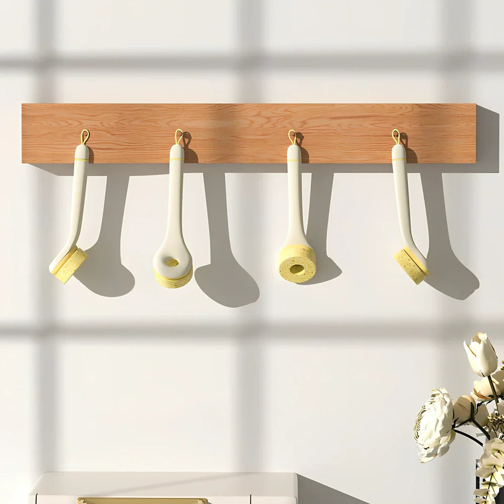 Wood pulp sponge cleaning brush with PP handle, replaceable cotton heads, and integrated peeling knife for pots and dishes