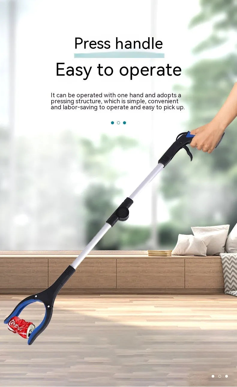 Foldable aluminium garbage clamp with extended pole and magnet sucker on blue handle.