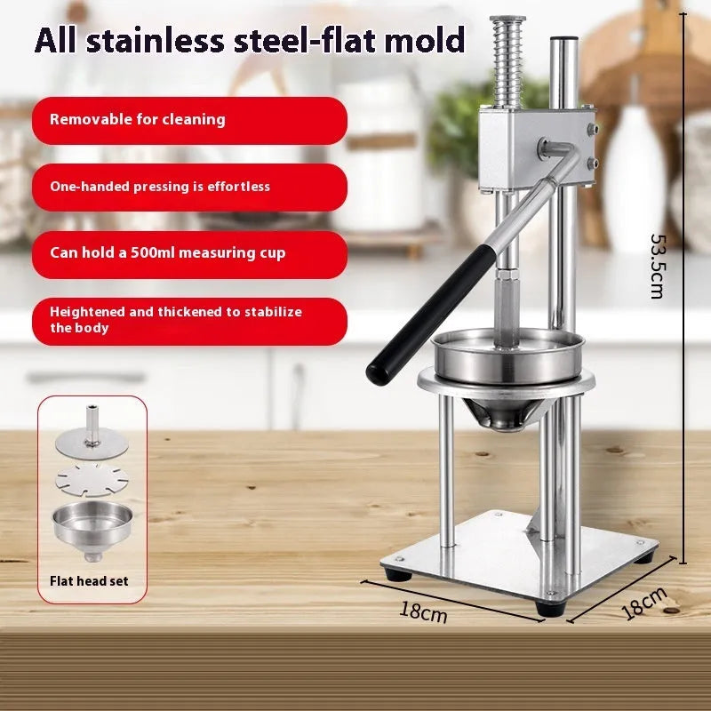 Manual orange juice juicer with stainless steel construction showing 480cm height and disassembled components
