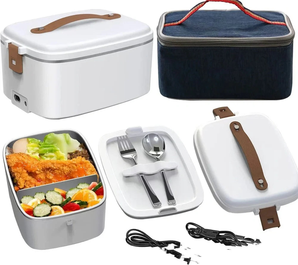 White car heating lunch box with stainless steel interior showing power cords and utensils