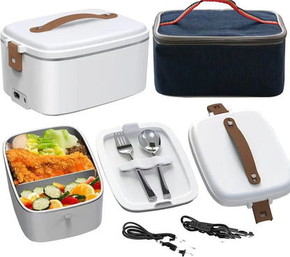 White car heating lunch box with stainless steel interior showing power cords and utensils