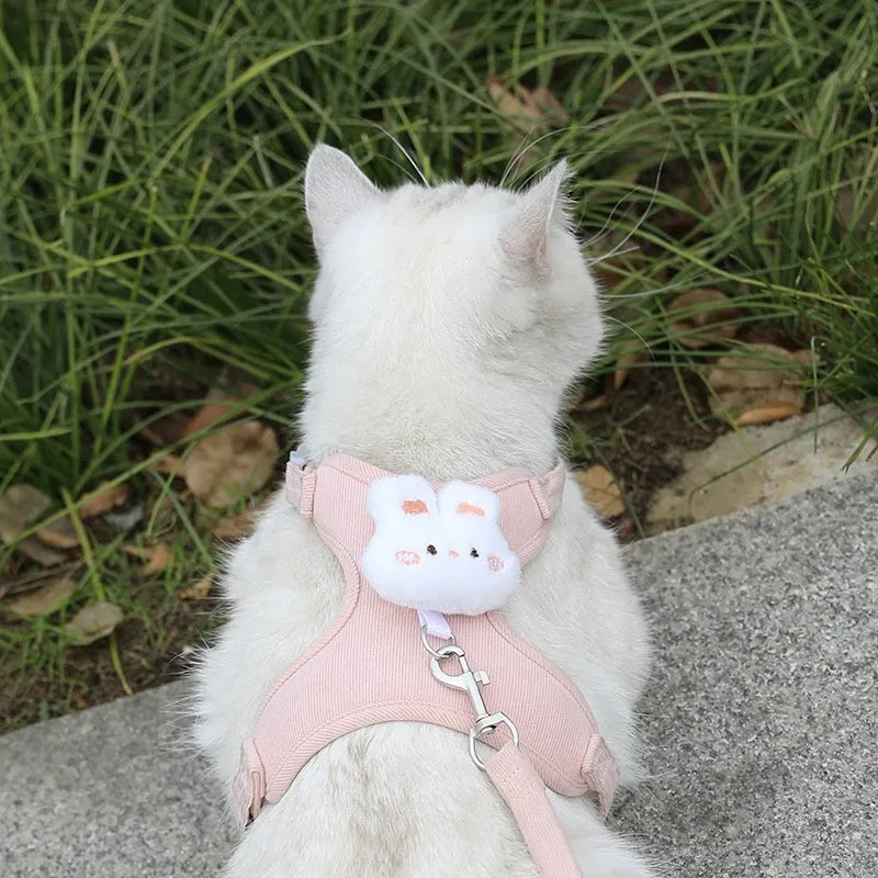 Corduroy pink rabbit cat walking rope with polyester chest strap and 1.2m hand holding rope