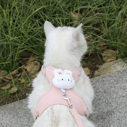 Corduroy pink rabbit cat walking rope with polyester chest strap and 1.2m hand holding rope