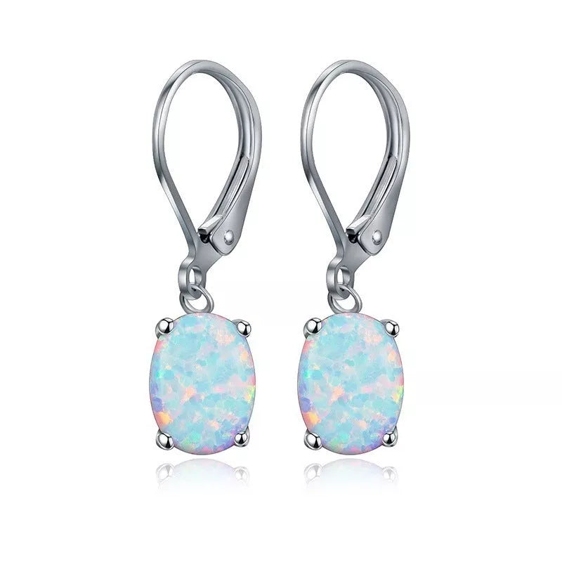 Four-claw oval opal earrings in gold, rose gold, or silver with electroplated finish