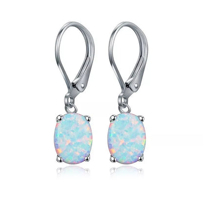Four-claw oval opal earrings in gold, rose gold, or silver with electroplated finish