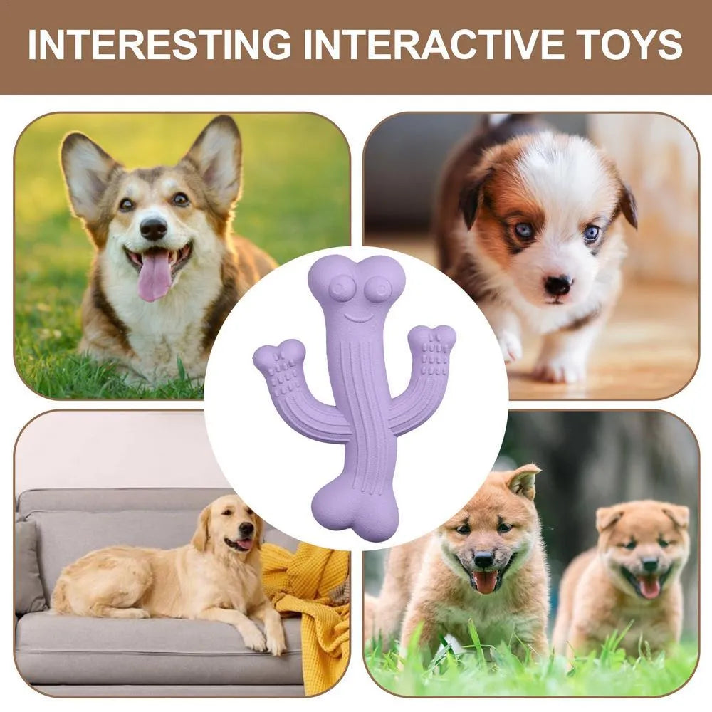Beige cactus-shaped dog chew toy made from bamboo fibre and rubber on a white background.