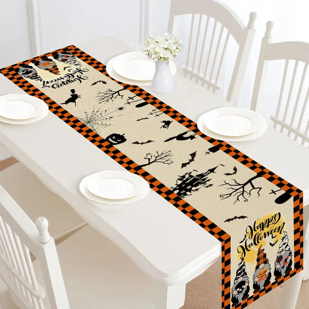 Halloween table runner with digital printed designs measuring 30cm by 182cm on polyester linen material