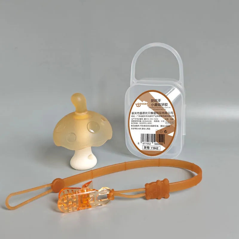 Small mushroom gum in mushroom pink or nano colour with transparent box and optional chain for chewable aid