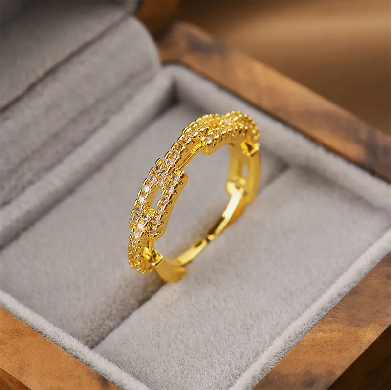 Korean fashion women's adjustable open ring with geometric design and electroplated gold finish on copper band