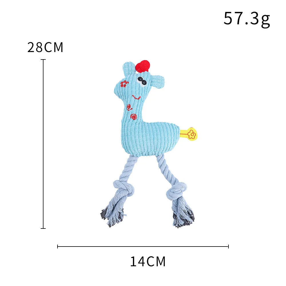 Blue deer-shaped plush dog toy with corn grain texture showing sound module inside