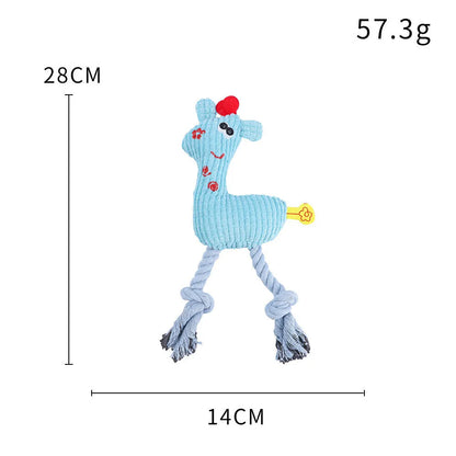 Blue deer-shaped plush dog toy with corn grain texture showing sound module inside