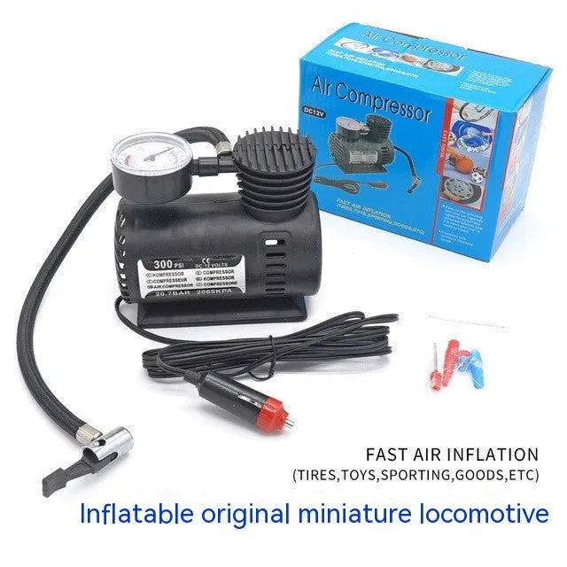Black 12V mini car air pump with compact plastic housing for portable tyre inflation