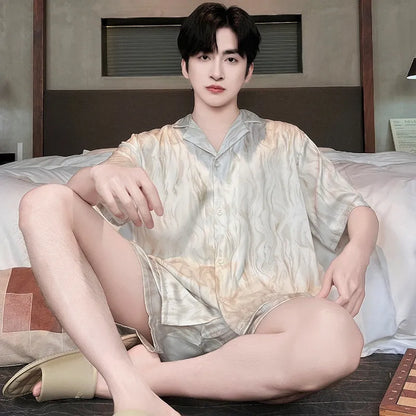 Men's artificial silk pyjama set with cardigan top and short trousers in a satin jacquard pattern.
