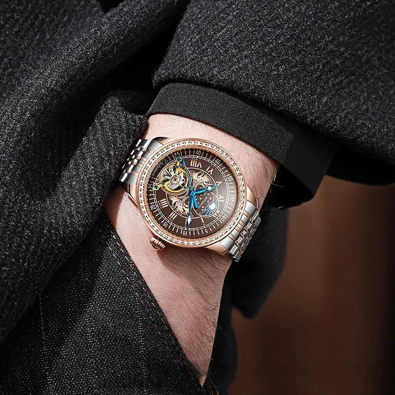Men's waterproof mechanical watch with stainless steel case, 42mm dial, and butterfly buckle on wrist