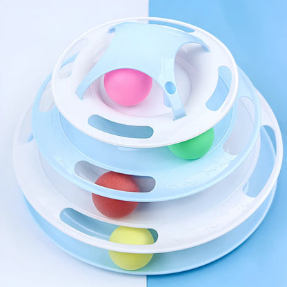 Circular tower track cat toy with rolling ball in blue and white colour option