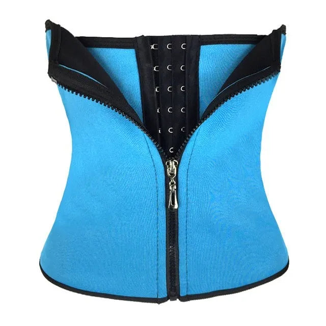 Neoprene belly band body shaping corset in black, shown wrapped for abdominal support during exercise