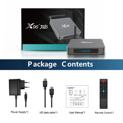 Android smart TV set-top box with remote control and HDMI cable on a wooden surface.