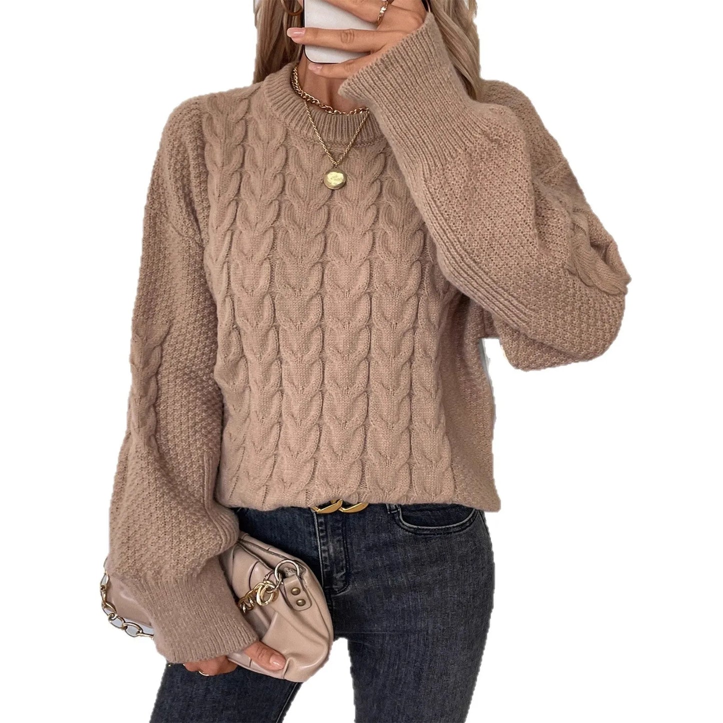 Women's round neck sweater with twist design in solid colour polyester fabric