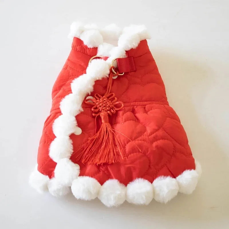 Red Chinese-style dog jacket with a white faux fur collar on a pet mannequin