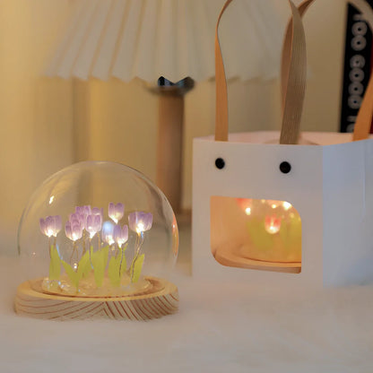Handmade tulip night light with glass lampshade and adjustable heat shrinkable film flowers in blue, pink, or purple