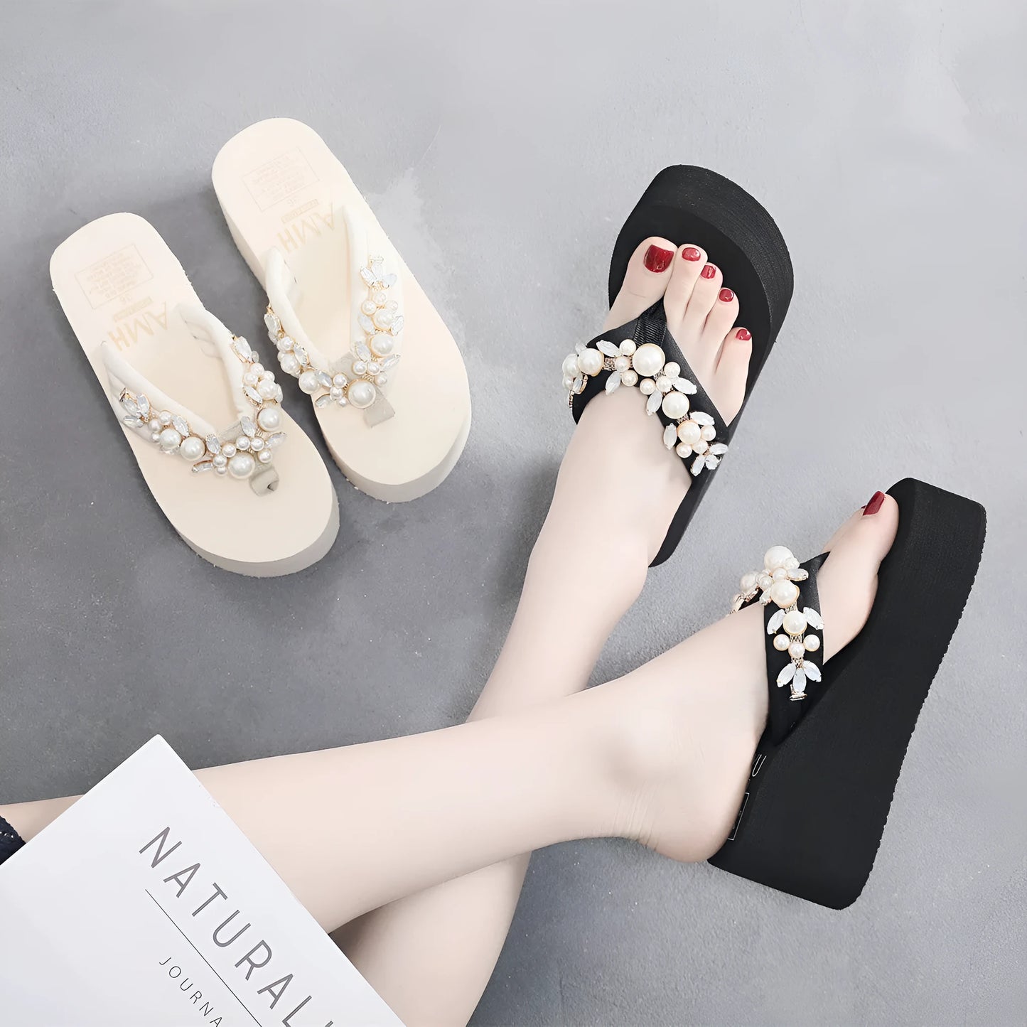 Women's black and beige high-heeled flip-flop sandals with cotton cloth straps