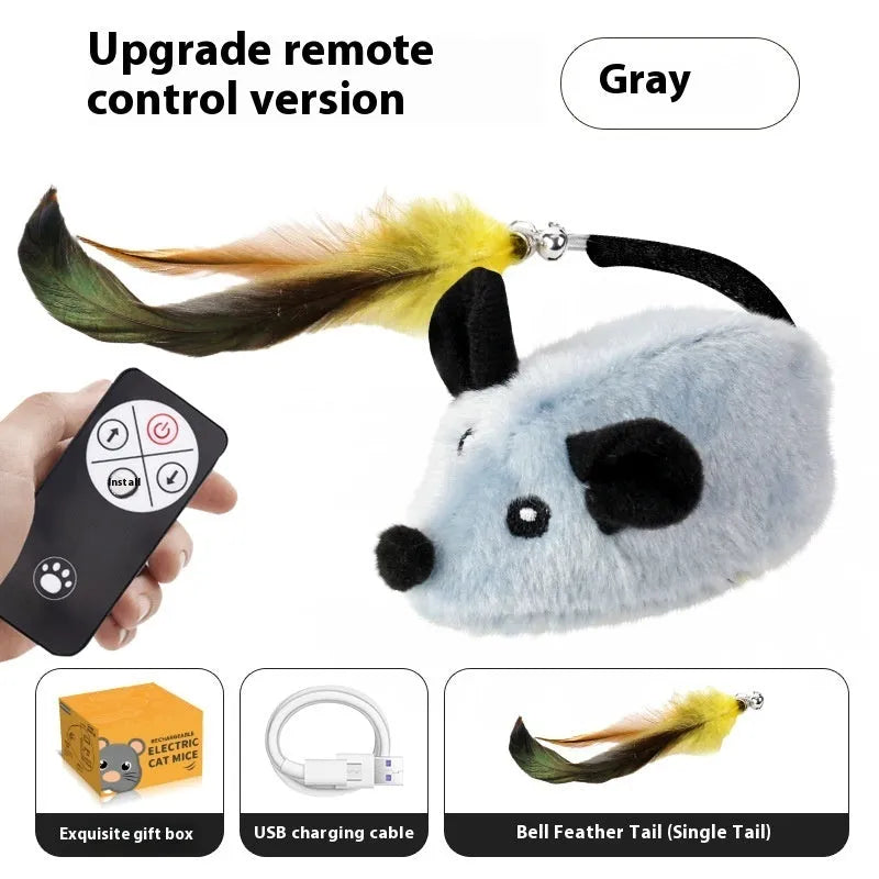 Intelligent charging simulation electric mouse cat teaser toy in gray or yellow with feather tail attachments