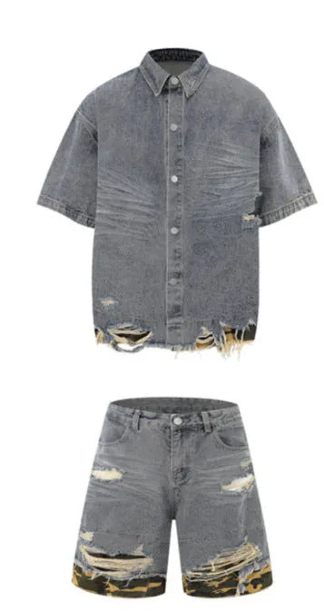 Men's black denim short sleeve suit with leopard print and cut edge stitching, paired with matching shorts.