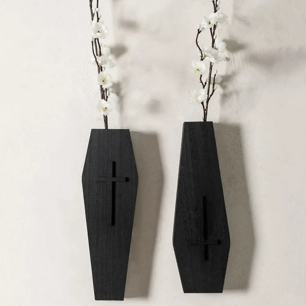Black wooden cross wall shelf for vases measuring 27x9cm