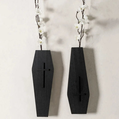 Black wooden cross wall shelf for vases measuring 27x9cm
