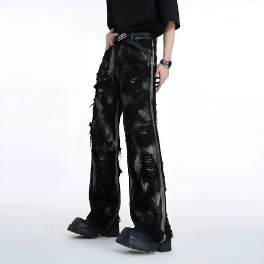 Men's long pants denim jacket with washed graffiti American street style design
