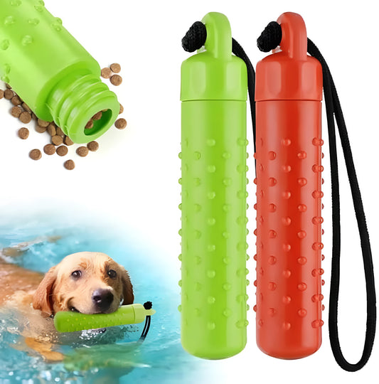 Two bright red and green floating TPR dog toys with ropes for water fetch and food hiding.