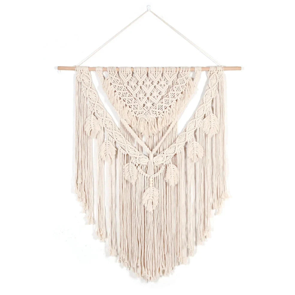 Beige hand woven cotton tapestry 115x100cm hanging on living room wall, textured weave detail