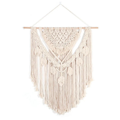 Beige hand woven cotton tapestry 115x100cm hanging on living room wall, textured weave detail