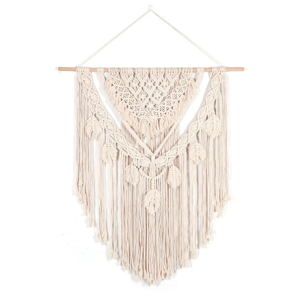 Large beige hand woven cotton tapestry, 115x100cm, modern simple wall hanging for living room or study