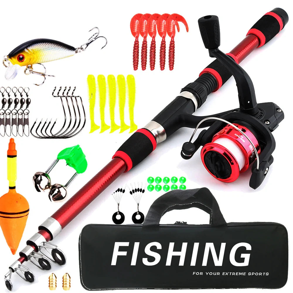 Children's fishing rod set with pole and wheel in four colour options including bait accessory box