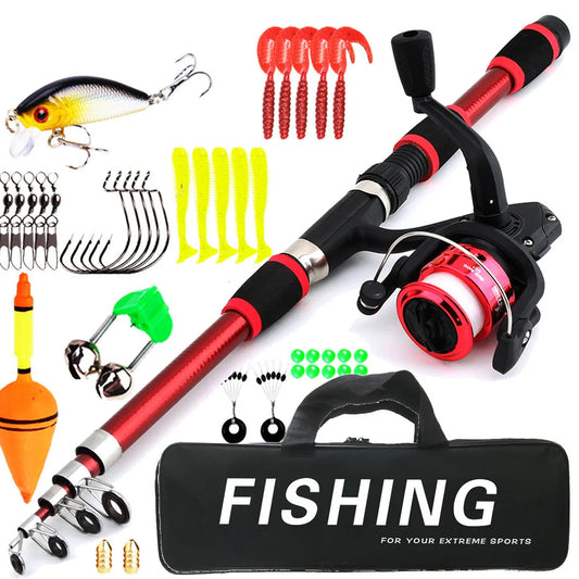 Children's fishing rod set with pole and wheel in four colour options including bait accessory box