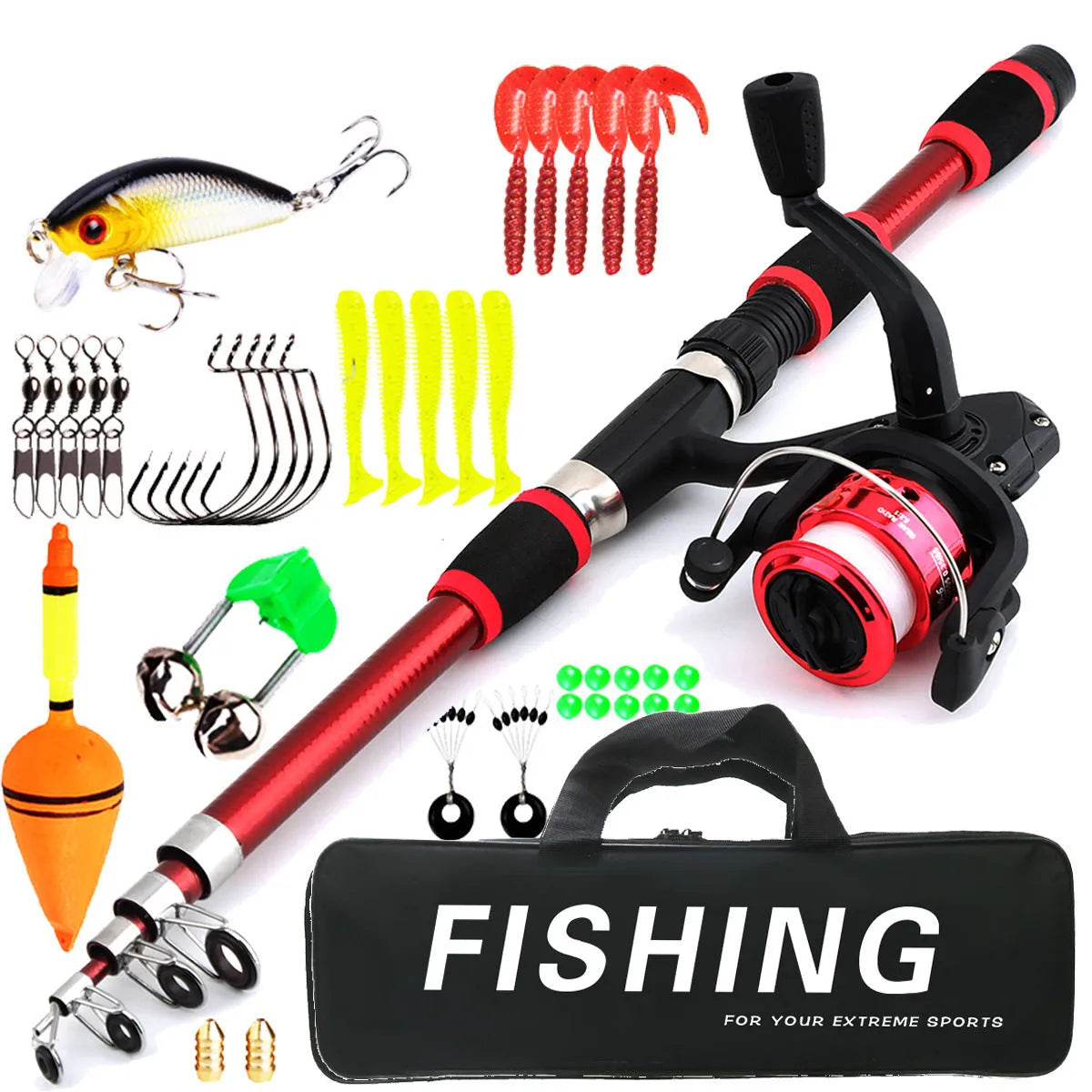 Children's fishing rod and reel set with pole, wheel, and bait accessory box in blue colour